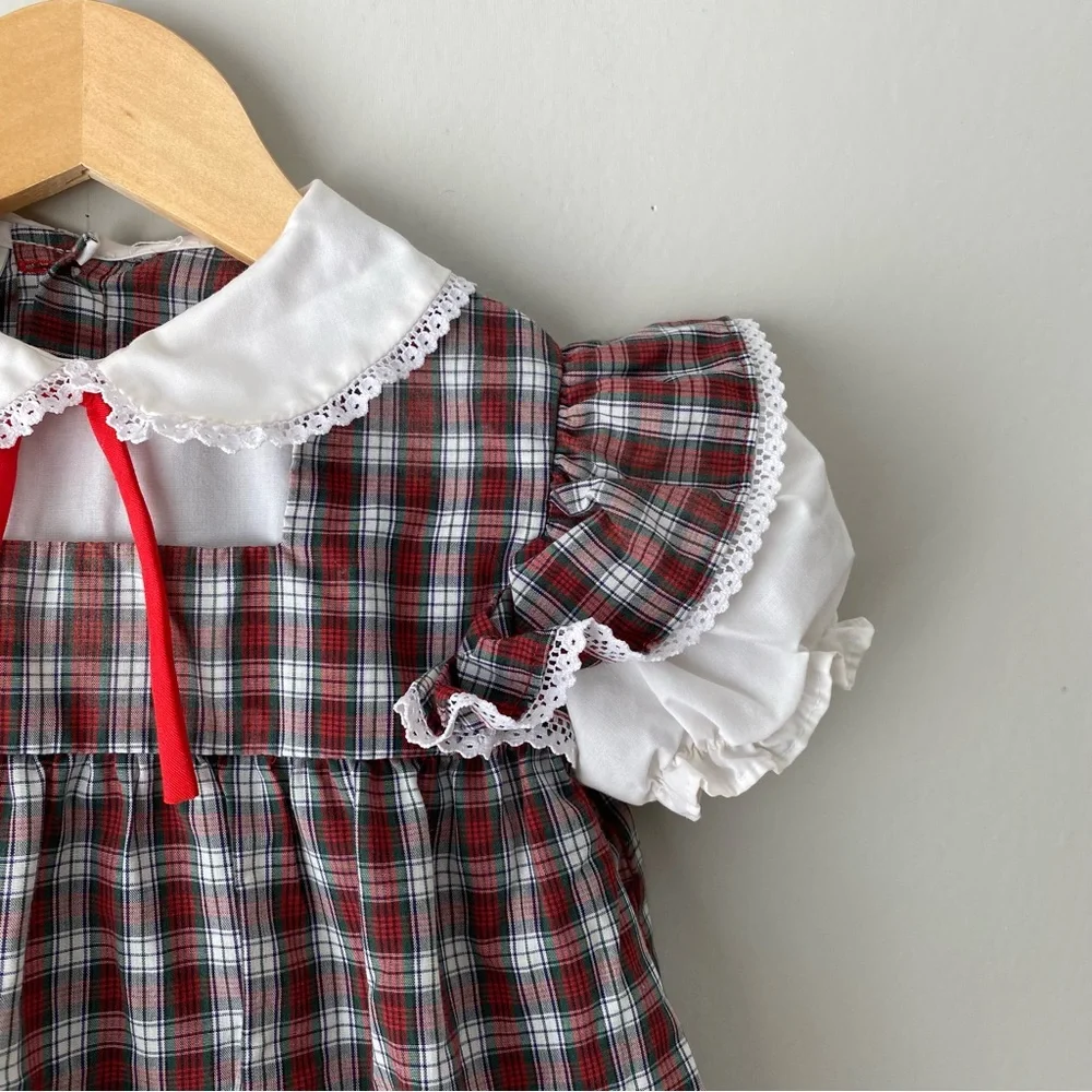 Vintage JCPenney Toddletime Puff Sleeve Plaid Fall Leaf Embroidered Dress 2-3T